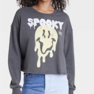 Smiley World Spooky Halloween Gray Crop Sweater Size XL